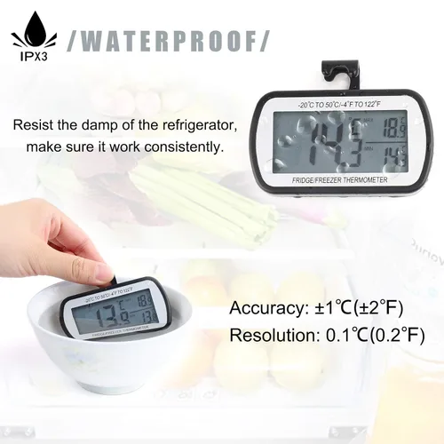 Vista 7 de AEVETE Termómetro digital impermeable para refrigerador, gran LCD, con parte trasera magnética, sin lujos, fácil de leer, 1 blanco y 1 negro