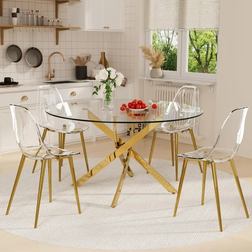 Vista 11 de Juego de mesa de comedor de cristal redondo transparente para 4, juego de mesa de cocina circular de 5 piezas, juego de mesa de comedor circular