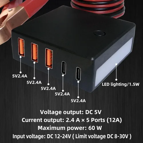 Vista 2 de 12V 24V a USB USB-C Buck Conversión Cargador Multi Puerto Adaptador Salida DC 5V 12A 60W