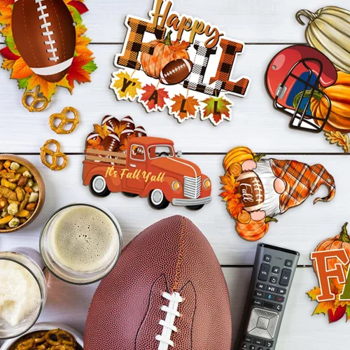 Vista 2 de 24 adornos de fútbol de otoño, suministros de fiesta de puerta de fútbol y otoño, hojas de arce, gnomo, calabaza, adornos de madera con temática