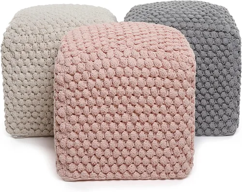 Vista 8 de BIRDROCK HOME - Taburete de puf redondo con diseño otomano – Puf de punto – Cuerda trenzada de algodón – Ideal para la sala de estar, dormitorio