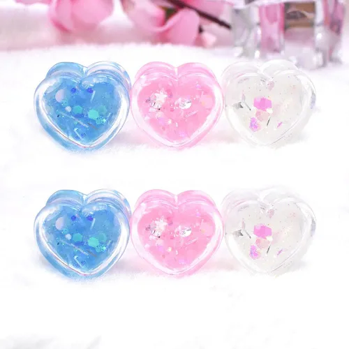 Vista 2 de 6 unids3 pares brillando Paillette en forma de corazón medidores de oreja túneles y enchufe acrílico dilatador de oreja Stud estirando