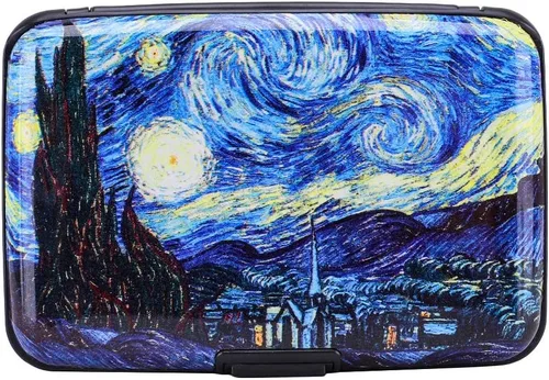 Vista 4 de ELFISH Cartera de aluminio con bloqueo RFID para tarjetas de crédito para hombres y mujeres, ver luna, Cartera RFID