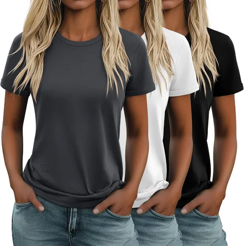 Vista 34 de Huukeay Paquete de 3 camisetas de algodón para mujer, estilo casual, de manga corta, cuello redondo, ajuste holgado, básica, lisa
