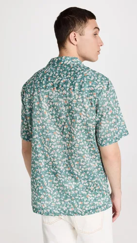 Vista 3 de Naked & Famous Denim Camisa Aloha para hombre con botones y estampado de frutas-cian