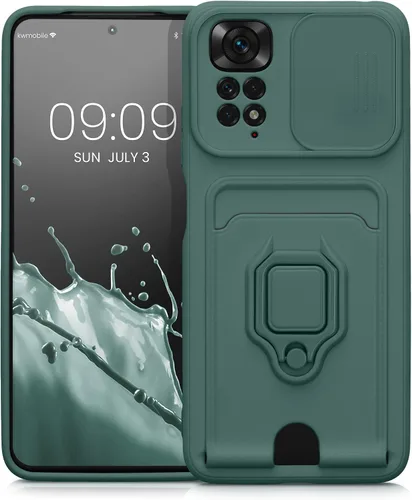 Vista 8 de kwmobile Funda de plástico compatible con Xiaomi Redmi Note 11 / Note 11S - Funda con soporte de metal con ranura para tarjetas - Verde musgo