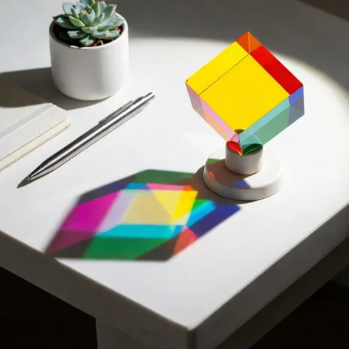 Vista 2 de Twiddler Toys Color Mixing Cube with Display Stand – 2 Inch (50mm) Cyan, Yellow, & Magenta Acrylic Prism Optical Physics Desk Decor – Satisfying