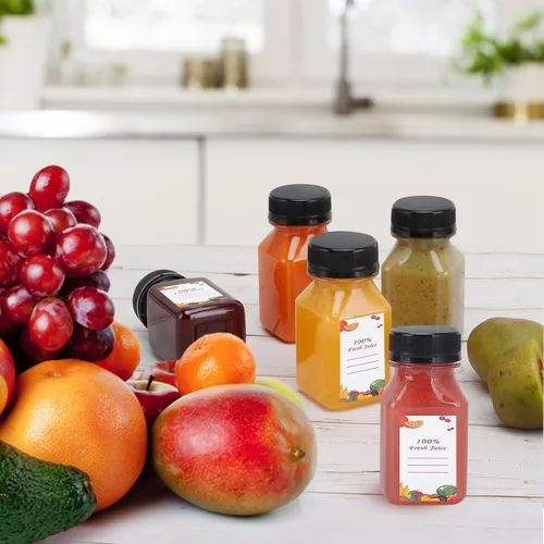Vista 2 de OBKJJ 40 botellas de jugo de 4 onzas, botellas de jugo con tapas, botellas transparentes vacías reutilizables con etiqueta, embudo, cepillo