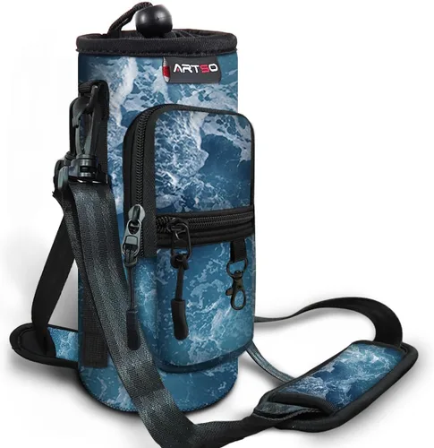 Vista 8 de ARTSO Bolsa de transporte para botella de agua con bolsillo para teléfono, funda de neopreno para botella de agua, bolsa con correa ajustable