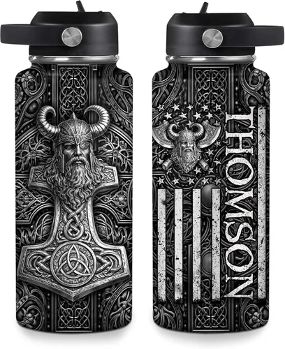 Vista 10 de Hyturtle Botella de agua vikingo personalizada, botella de acero inoxidable aislada de viaje con tapa a prueba de fugas, 18 onzas, 32 onzas, regalos