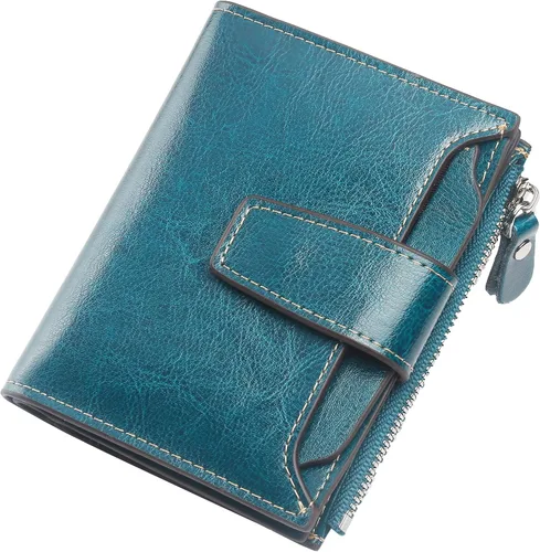 Vista 19 de Lavemi Pequeña cartera compacta para mujer, con bloqueo RFID, de piel auténtica, plegable, con ventanas de identificación