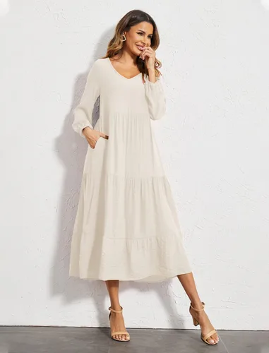 Vista 4 de Halife Vestidos largos casuales de verano para mujer, con volantes, estilo bohemio, con bolsillos