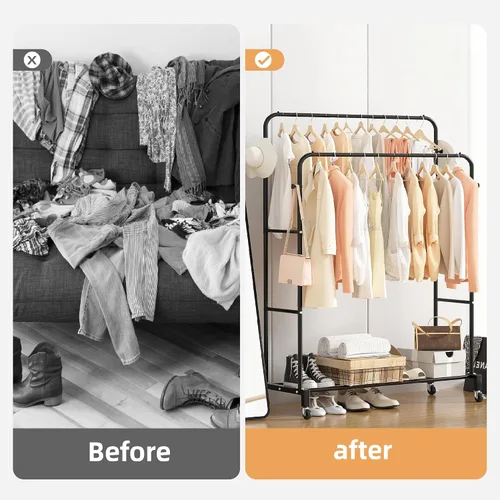 Vista 3 de Sooyee Perchero de doble barra con ruedas, perchero de 3 niveles para colgar ropa, perchero portátil con 4 ganchos para dormitorio, cuarto de Negro