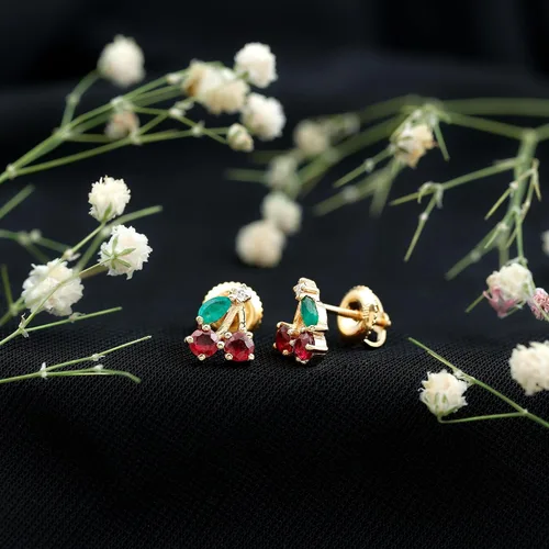 Vista 5 de Aretes de cereza esmeralda y rubí natural para mujer, calidad AAA certificada, aretes de tuerca de cereza roja