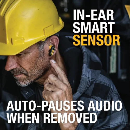 Vista 6 de DEWALT Audífonos inalámbricos verdaderos de alta resistencia, auriculares Bluetooth con estuche de carga tipo C incluido, 37 horas de duración