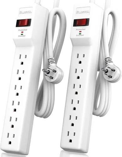 Vista 11 de PLUGTUL Paquete de 2 protectores de sobretensiones con 6 tomas de corriente y cable de extensión de 2 pies, 1875 W/15 A, 90 julios, protección Negro
