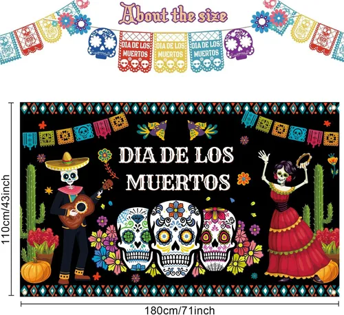 Vista 2 de Decoraciones del Día de los Muertos, telón de fondo de pancarta del día de los muertos, fondo de fotografía de flores de calavera de azúcar