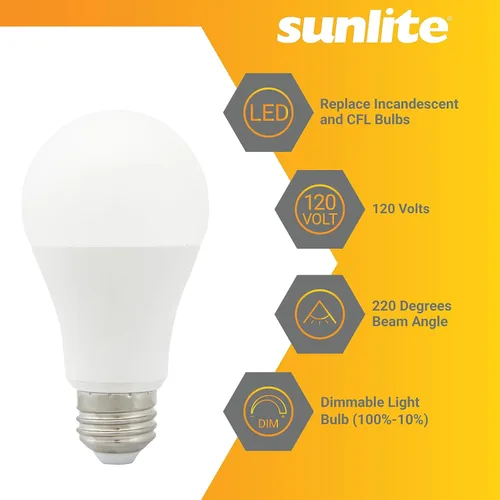 Vista 3 de Sunlite Bombilla LED A19, 15 vatios (equivalente a 100 vatios), 1600 lúmenes, 120 voltios, regulable, base E26 media, certificación UL, blanco