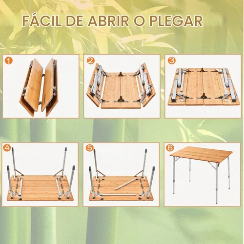 Vista 5 de KingCamp Mesa de Bambú Plegable Mesa de Camping Ecológica con Patas de Aluminio de Altura Ajustable Resistente 4 Pliegues Mesas de Campamento