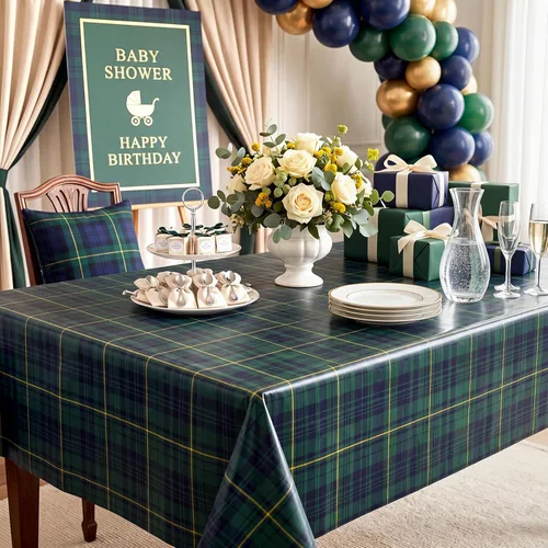 Vista 5 de Oudain 1 mantel de plástico a cuadros verde y azul de 108 x 54 pulgadas, colorido mantel de feliz cumpleaños, rectangular, desechable, impermeable