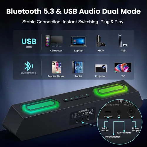 Vista 3 de Deeyaple Altavoces de computadora, barra de sonido inalámbrica de 40 W para PC de escritorio con Bluetooth 5.3 y audio USB, ecualizador