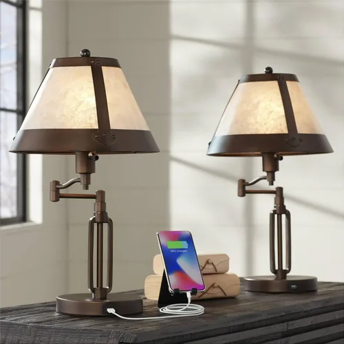 Vista 10 de Samuel 21 1/4" de bronce alto marrón lámpara de escritorio USB mica sombra brazo oscilante Puertos USB rústicos naturales A+C carga sala de estar
