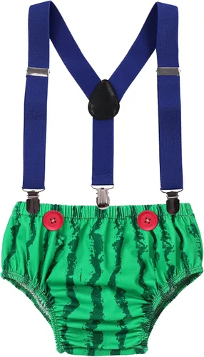 Vista 10 de Conjunto de 4 piezas de 3 piezas para bebé, diseño de sandía, para el primer cumpleaños, para tarta, de manga corta, pañales, con tirantes