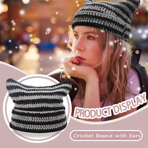 Vista 6 de Gorro de punto con orejas de gato para mujer, gorro de ganchillo con gorro de invierno a rayas, accesorios Y2K, gorros estilo gótico grunge
