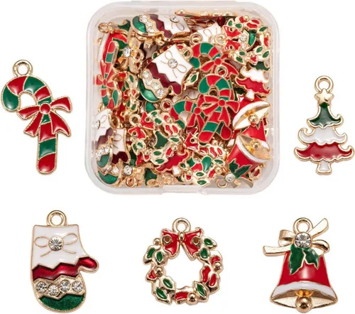 Vista 18 de Cheriswelry Colgantes colgantes de esmalte de aleación de Navidad, dijes de metal, encantadores adornos colgantes para manualidades, pulseras