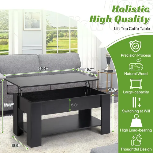 Vista 6 de Mesa de centro elevable con almacenamiento oculto, diseño moderno de elevación de 39.4 pulgadas, escritorio convertible de comedor y portátil