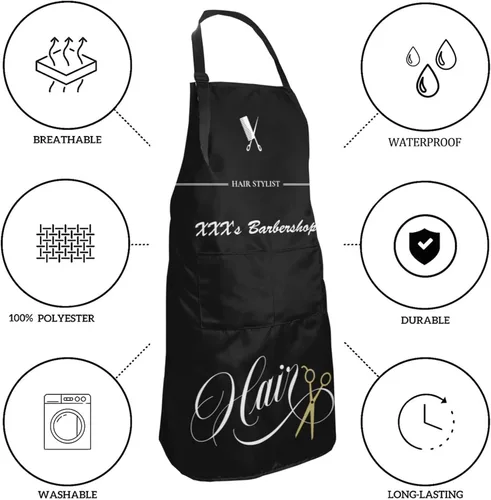 Vista 4 de Delantal de barbería personalizado para hombres y mujeres, delantal de peluquería con texto personalizado con bolsillos, delantal ajustable