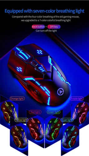 Vista 5 de Ratón para juegos con cable, USB óptico para ordenador con retroiluminación RGB, 4 DPI, clic silencioso, ratón ergonómico para ordenador portátil