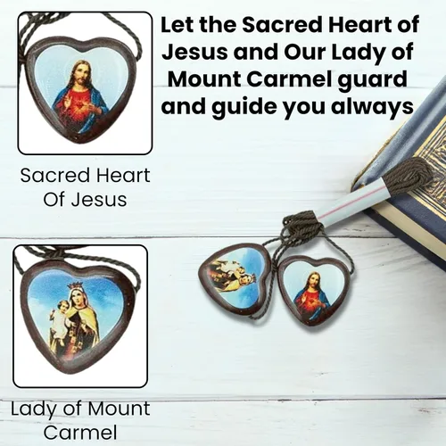 Vista 7 de Catholica Shop Escapularios de madera con cordón marrón con medallas Sagrado Corazón de Jesús y Nuestra Señora del Monte Carmelo. Escapularios
