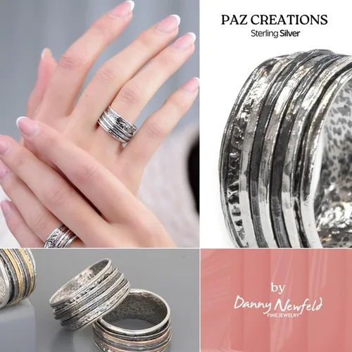 Vista 4 de Paz Creations - Anillos giratorios de plata de ley 925 para mujeres y hombres, anillo de meditación de banda gruesa con patrón martillado, joyería