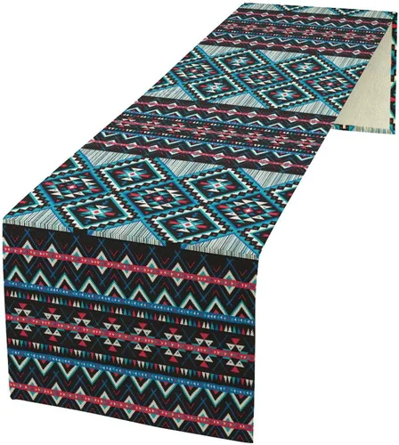 Vista 14 de Camino de mesa tribal azteca bohemio, abstracto dibujado a mano, patrón étnico, bordes tribales, estilo garabato, comedor y cocina, camino