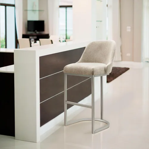 Vista 10 de Leick Home 10133PW/OL Taburete de bar con base de metal, juego de 2, para encimeras de cocina elevadas, mesas altas y bares, asiento moderno de lino