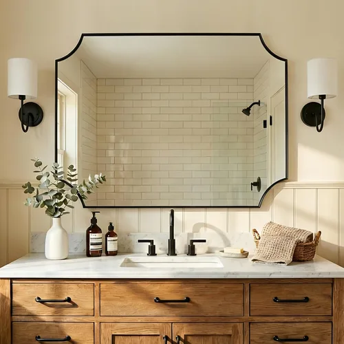 Vista 16 de ANDY STAR Espejo de baño de bronce cepillado, espejo festoneado de 24 x 36 pulgadas para baño, espejo rectangular de bronce antiguo con marco