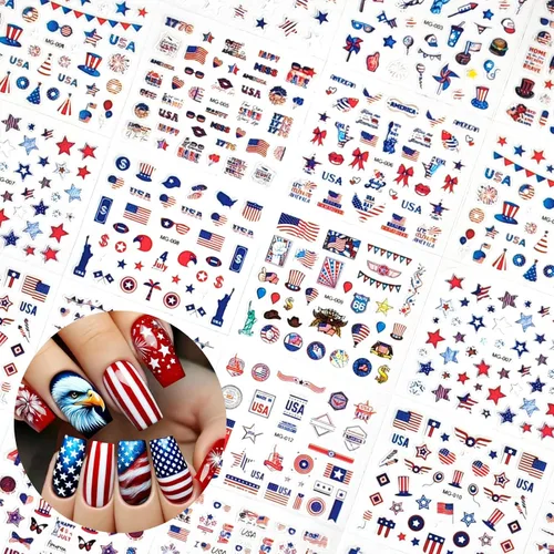 Vista 4 de 30 hojas de calcomanías de uñas del 4 de julio para arte de uñas, Día de la Independencia, calcomanías de arte en 3D, autoadhesivas, bandera
