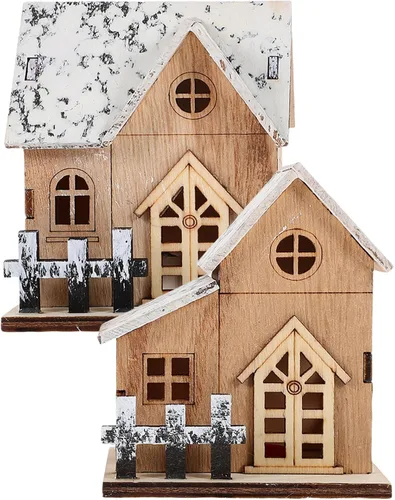 Vista 9 de Uonlytech 2 casas de Navidad iluminadas de madera, casa de Navidad de madera, iluminada por LED, edificios coleccionables para Navidad, invierno
