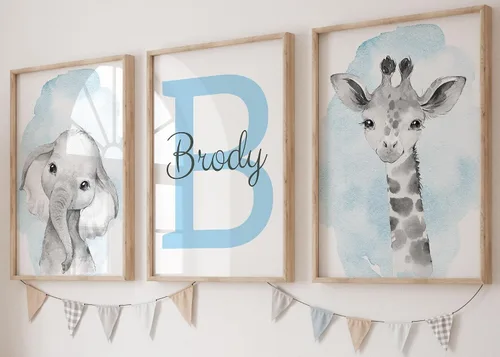 Vista 13 de Juego de 3 carteles personalizados de animales de safari para habitación de niños y niñas, sin marco, nombre personalizado, azul, verde, amarillo