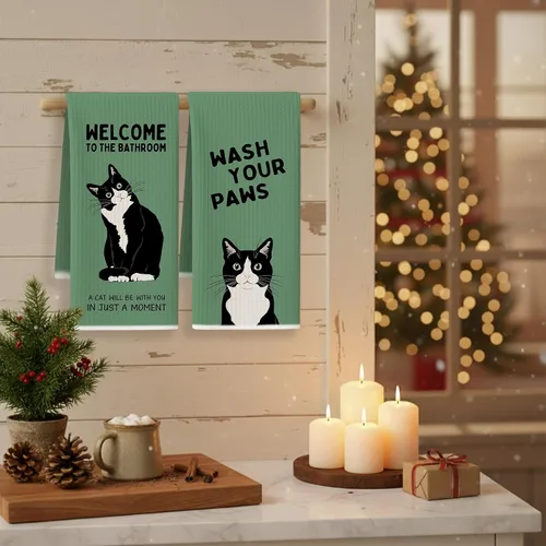 Vista 3 de Juego de 2 toallas de mano de baño con esmoquin verde retro, decoración de baño de gato, toallas de mano de gatito blanco y negro para baño, 16 x 24