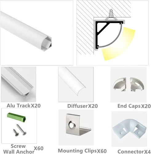 Vista 6 de THMOOTHER Paquete de 20 tiras LED en forma de V de 3.3 pies, sistema de difusor de canal de aluminio, cubierta lechosa extruida con conector