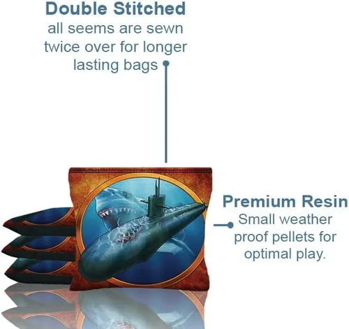 Vista 2 de Custom Shark Attack Submarine Set of 8 Regulation Cornhole Bags B40 Negro/Azul