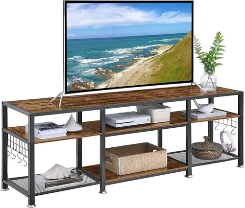 Vista 10 de VECELO Soporte de TV de 63 pulgadas con tomas de corriente para televisión de 55/60/65/70 pulgadas, centro de entretenimiento con estantes de Gris