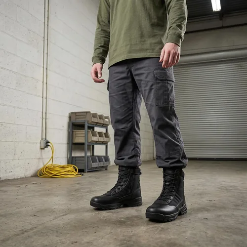 Vista 2 de Botas tácticas para hombre, 8 pulgadas, cremallera lateral, botas militares de combate de cuero, botas de trabajo para hombres, policía, motocicleta