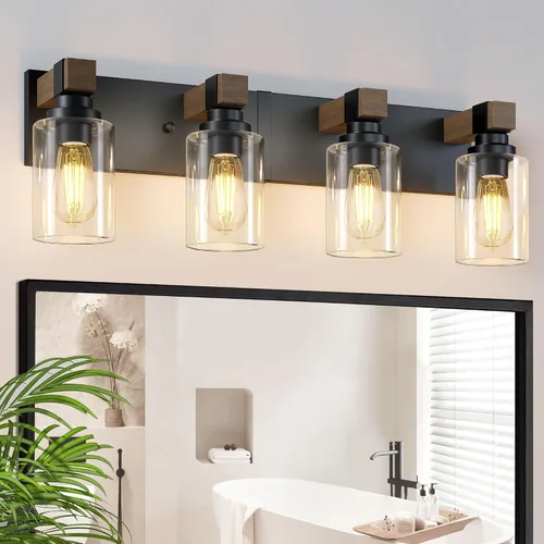 Vista 15 de Accesorios de iluminación de baño de granja, luces de tocador rústicas de 3 luces en madera para baño, iluminación de apliques de pared vintage