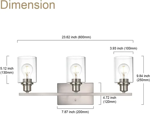 Vista 4 de Lámpara de pared de 3 luces de níquel cepillado de metal, lámpara de tocador de interior con pantalla de vidrio transparente, accesorios