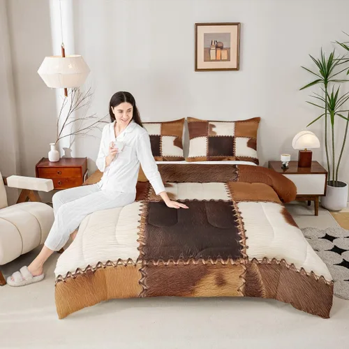 Vista 4 de Juegos de ropa de cama de piel de vaca con patchwork, edredón con estampado de piel de vaca, juego de edredón de animales de granja para niños