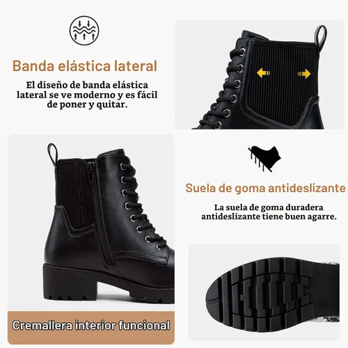 Vista 3 de Vepose Botines de combate con cordones para mujer con cremallera y suela de Negro