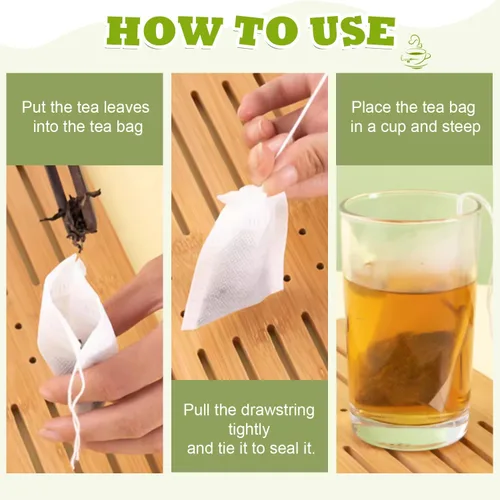 Vista 4 de WALWAL 100 bolsas de té desechables para té de hojas sueltas, bolsas de filtro de té biodegradables con cordón, bolsas infusoras de té de fibra